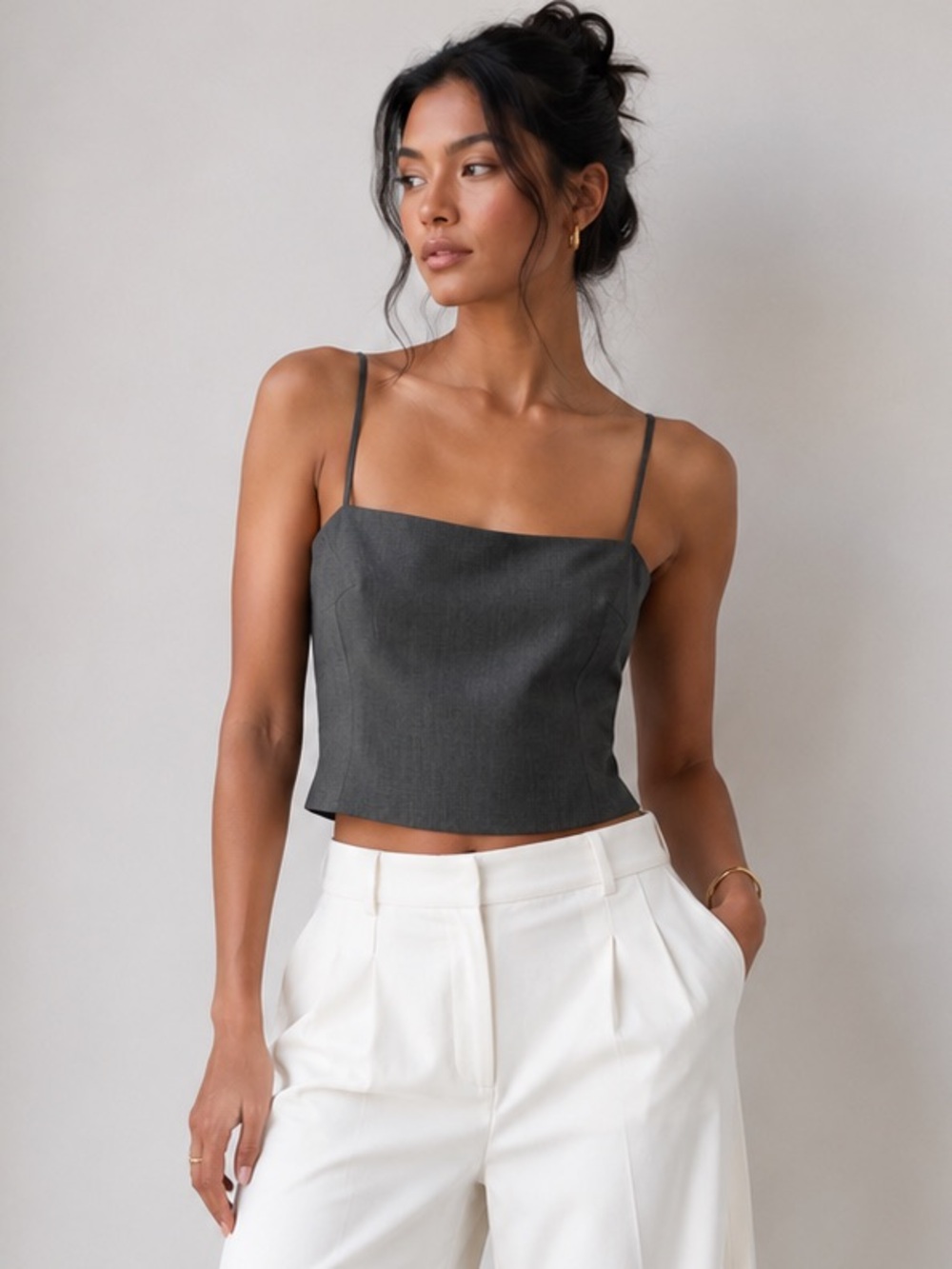 Tahari Petite Gray Bustier Top Wool Mohair Blend Square Neck Cami Quiet Luxury